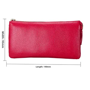 Detailed view of a red grainy leather wallet with metal zipper and dimensions 190mm by 95mm