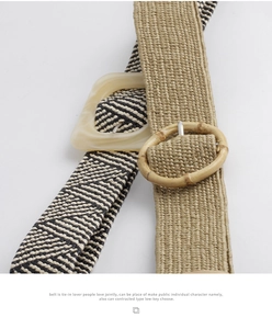 Detail of woven straw belts with resin square buckle and round bamboo style buckle