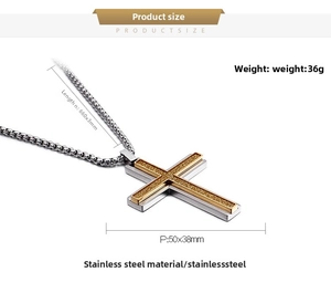Detailed view of dual-layer stainless steel cross pendant with size measurements