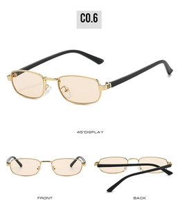 Detail view of gold rectangular frame sunglasses with signature red and green stripe hinge
