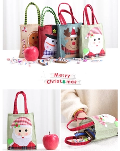 Vier Jute-Weihnachtstüten mit Motiven von Weihnachtsmann, Rentier und Schneemann