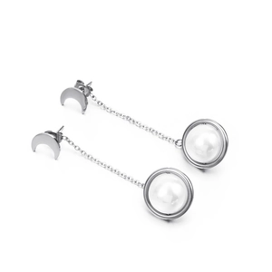 Boucles d'oreilles tendance en acier inoxydable argenté avec lune et perle pendante