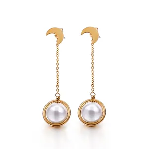 Boucles D'oreilles Pendantes Croissant De Lune Acier Inoxydable Künstliche Perle Coquille Chaîne Longue Gland Bijoux Planète