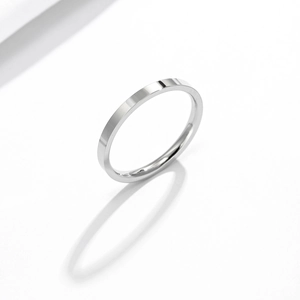 Minimalist silver stainless steel band ring with a flat surface and smooth comfort interior