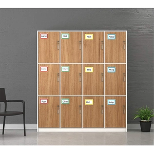 Detail of 12-door office locker with wood grain doors and colorful name tag stickers