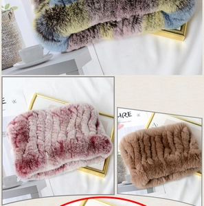 Detail view of woven rabbit fur neck warmers in striped, burgundy, and camel tones