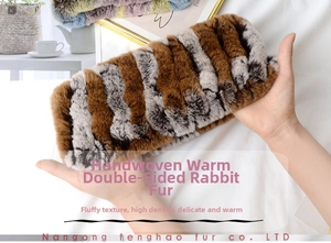 Detailed close-up of double-sided rex rabbit fur neck warmer with handmade weave texture