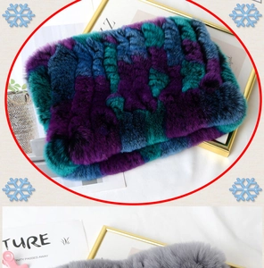 Close-up of thick knitted rex rabbit fur neck warmer in colorful and grey textures