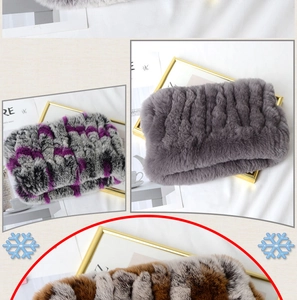 Detailed view of woven rex rabbit fur headbands in gray, purple, and brown textures