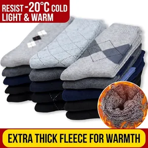 Thick thermal crew socks for men with argyle patterns and heavy fleece lining for -20°C