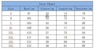 Detailed size chart for long sleeve heart print t-shirt showing measurements from S to 5XL