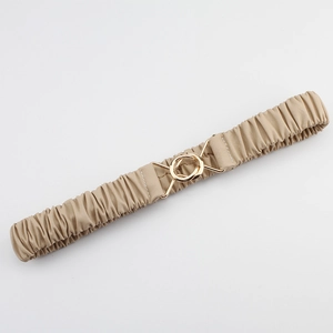 Women's khaki pleated elastic belt with a golden metal circular buckle for dresses