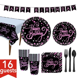 Black and pink Happy Birthday party decorations and tableware set for 16 guests