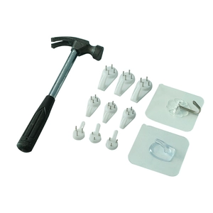 Non-marking wall hook set with claw hammer and various seamless nails for photo frames