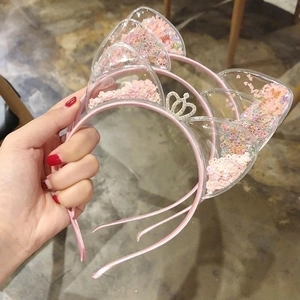 Pink cat ear headband with glitzy sequins and silver crown for young girls hair accessory