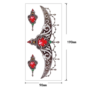 Vintage silver moon temporary tattoo with red and green gems, dimensions 190x90mm