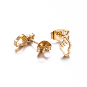 Golden heart hand gesture earrings with minimalist polished metal finish and ear backings