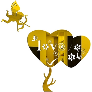Detail of gold mirror Cupid and double heart tree wall sticker with Love engraving