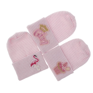 Detail view of pink striped newborn beanies with flamingo and crown embroidery