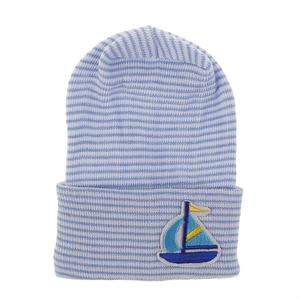 Close-up of soft blue striped baby knit hat featuring detailed sailboat embroidery