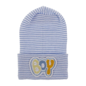 Detail of blue and white striped baby knit hat with embroidered BOY patch on the folded brim