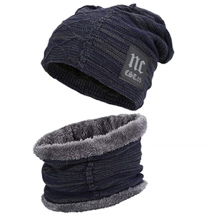 Winter knitted beanie and scarf set with fleece lining and nc patch in dark blue grey