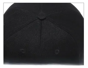 Close-up of black baseball cap top showing six-panel stitching and twill fabric texture
