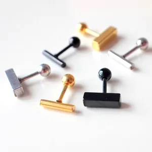Minimalist titanium steel bar barbell earrings in gold, black and silver colors