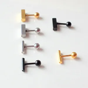 Minimalist T-shaped titanium steel studs in gold, silver, and black with screw ball backs
