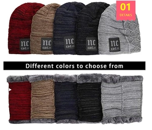 Close-up of knit hat and neck warmer sets featuring nc letter patches in five colors