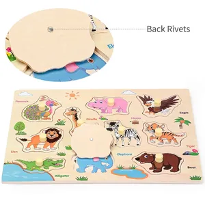 Educational wooden animal puzzle for toddlers featuring easy-grip handles and metal rivets