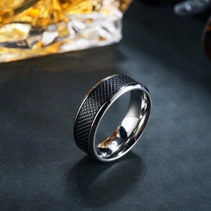 Men's two-tone black titanium steel ring with textured matte finish and polished silver edges