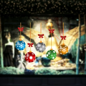 Colorful Christmas ball wall stickers with festive bows for holiday window decorations