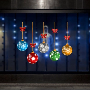 Detailed view of colorful Christmas ball wall stickers with snowflake and bow patterns