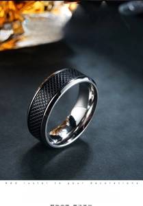Detailed shot of men's stainless steel ring with black textured center and polished edges