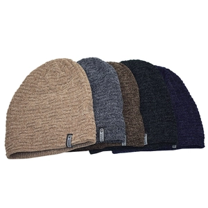 Detailed pile of chenille knit beanies in khaki, grey, coffee, navy, and purple colors