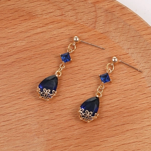Elegant 18K gold plated drop earrings with deep blue water drop shaped crystals for women