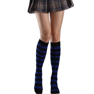 Detail showing knit texture of black and blue striped over-knee socks for cosplay style
