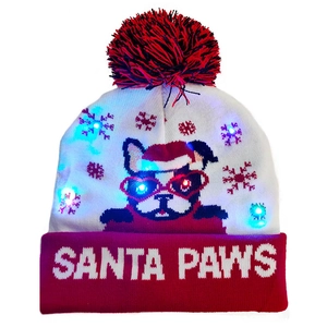 LED Christmas knit hat with Santa Paws cartoon dog design and festive lights