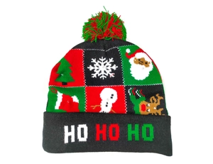 Detail of LED knit Christmas beanie with HO HO HO text and glowing festive patterns