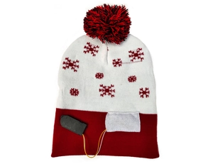 Detail of internal LED battery box and wiring inside the Christmas knitted beanie hat