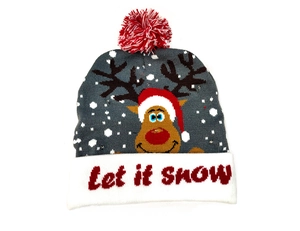 Detail of grey knitted Christmas beanie with deer pattern and Let it snow text
