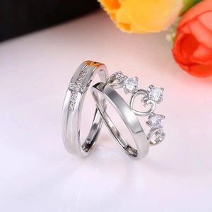 Silver crown and cross couple rings set for prince and princess wedding jewelry