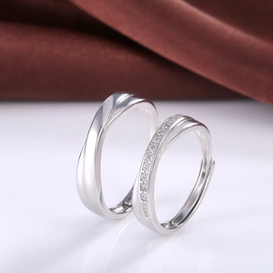 Minimalist silver wave rings with zircon stones and adjustable open band for couples