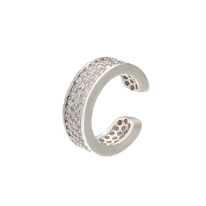 Detailed view of silver C-shaped ear cuff with micro-pave cubic zirconia on white background
