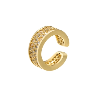 Gold-plated C-shaped ear cuff with micro-paved sparkling zircon stones on white background