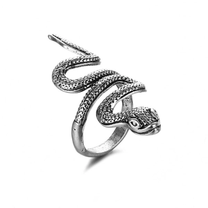 Detalle de anillo de serpiente plata antigua con escamas y estilo punk gótico