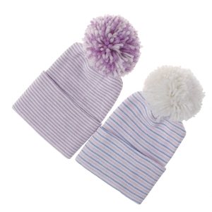 Detail of double-layer thickened newborn knitted beanies with striped patterns and pom-poms