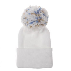 Thick double-layer newborn white knit beanie with a tricolor pom pom for winter warmth