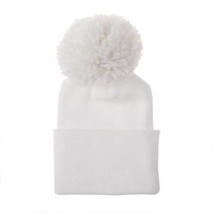Close-up of white double-layered knit baby hat with soft pompom and ribbed cuff